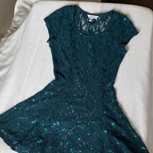 Speechless Lace and Shimmer Mini Teal Dress